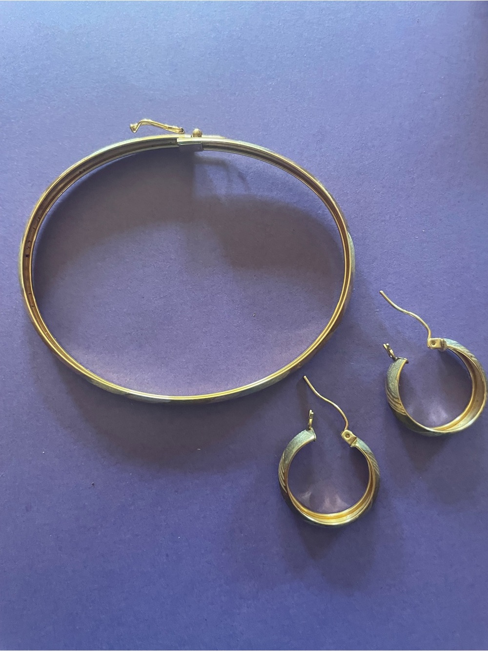 Two-Tone 10Kt Gold Hoop Earrings and Bangle Vintage Set - Picture 3 of 9